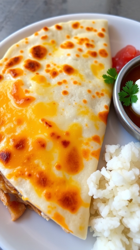 Cheesy chicken quesadilla cut into wedges with rice, salsa, and sour cream on the side.